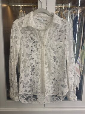 Diane Von Furstenberg White Floral Lace Button-Down Shirt